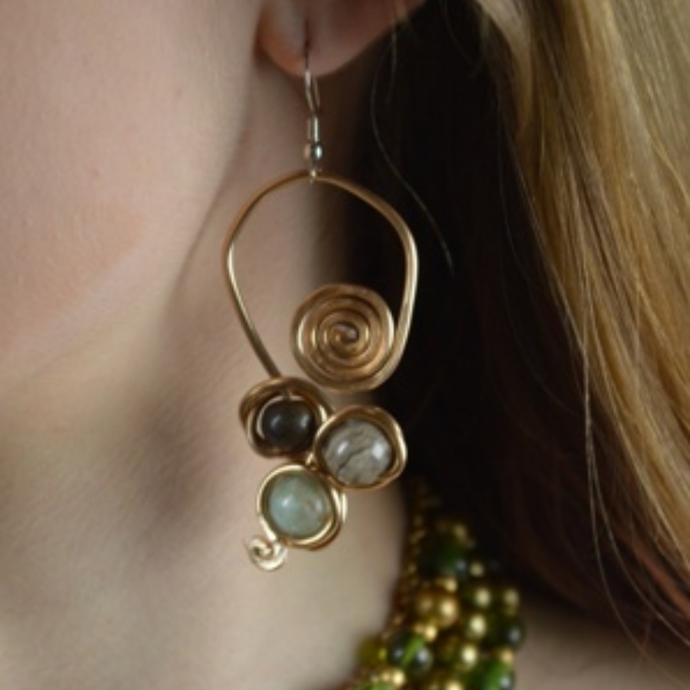 Boho Natural Stone Copper Earrings Handcrafted